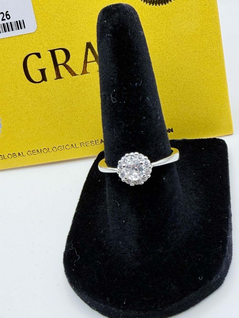 GRA 1.0ct D Color 6.5mm Moissanite Halo Solitaire Ring. Size 6